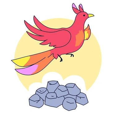 A phoenix with bright red and orange feathers is rising from gray ashes. The wings are outstretched, showcasing intricate details of the feathers, while the tail feathers trail down, mixing vibrant colors of yellow and gold. The background has a soft gradient of warm colors that enhances the energy of the scene. The ashes below are scattered and textured, creating contrast with the vivid colors of the phoenix.