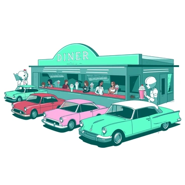 A 1950s diner with robots serving milkshakes to customers in classic cars.