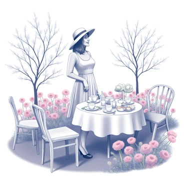 A woman standing in a blooming garden, surrounded by vibrant flowers. She is dressed in a light, flowing dress and wearing a sunhat. The table in front of her is elegantly set with fine china teacups, a teapot, and an assortment of pastries. There are chairs arranged around the table, inviting guests to join. The background features trees with budding leaves and a clear sky, enhancing the sense of a spring day filled with life.