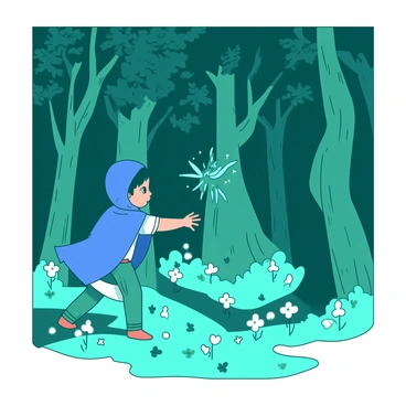 A child wearing a bright blue cloak is walking through an enchanted forest filled with tall trees that have twisting trunks and lush green foliage. The forest is illuminated by small teal creatures with delicate wings, floating gently around the child. Bioluminescent flowers in shades of white are blooming at the base of the trees, casting a soft glow on the forest floor. The child’s eyes are wide with wonder as they reach out to touch a glowing creature hovering nearby, creating a sense of curiosity and adventure.