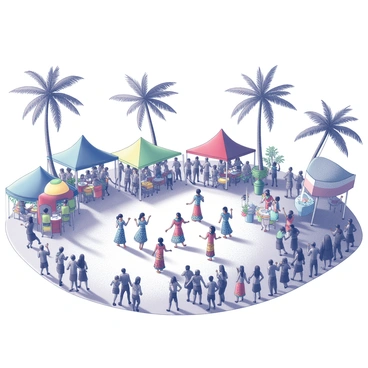 A crowded tropical island setting filled with people celebrating a local festival. Colorful tents are set up around the area, providing shade for attendees. In the center, a group of dancers is performing traditional dances, wearing vibrant costumes adorned with tropical patterns. Musicians are playing a variety of instruments, creating a lively atmosphere. Palm trees sway gently in the background, and decorative elements like floral arrangements and bright banners are visible throughout the scene. People are engaging with one another, dancing, and enjoying the festivities, creating an atmosphere of joy and celebration.
