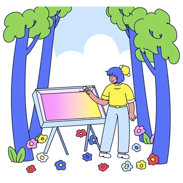 Nami painting a large illustration box in a peaceful forest, surrounded by colorful flowers.