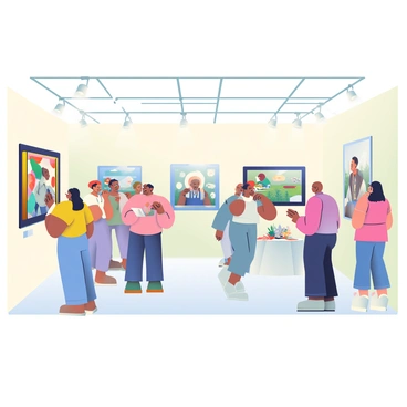 An art gallery opening features a spacious room with high ceilings and elegant lighting. The walls are lined with various pieces of art showcasing local artists' works, including paintings, sculptures, and photographs. In the foreground, a diverse group of people is gathered, some standing in small clusters, engaged in conversation while others are intently admiring the artworks. A woman with short black hair is pointing at a colorful abstract painting, while a man with glasses is taking notes on a clipboard. To the side, a couple is discussing a large sculpture made of recycled materials. Refreshments are set up on a long table, adorned with a white tablecloth and decorative flowers. The atmosphere is lively with a sense of appreciation for creativity and community.