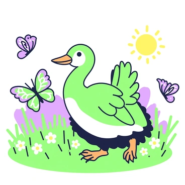 A drake with iridescent green feathers is frolicking in a sunlit meadow. The drake has a bright orange beak and webbed feet, happily waddling among the tall grass. Surrounding the drake are several delicate butterflies with intricate wing patterns, fluttering gracefully in the air. The meadow is filled with small wildflowers dotting the landscape, creating a lively atmosphere. In the background, there are a few trees that provide shade, and the sun casts a warm glow over the scene.