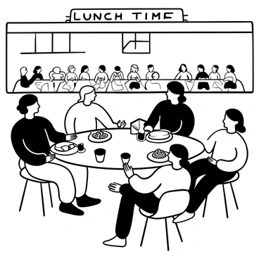 Several students sitting at a round table in a cafeteria, sharing various meals. Some students are passing a plate of pasta, while others are holding sandwiches and fruit. There are drinks on the table with a few books and notebooks scattered around. They are engaged in conversation, gesturing with their hands and laughing. The background features rows of tables filled with other students and a backdrop of a large window letting in sunlight. "Lunch Time" is displayed on a banner above the cafeteria area.