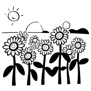 A field of sunflowers in full bloom, with each sunflower positioned to face the direction of the sun. The sunflowers are tall and vibrant, their large round heads filled with intricate patterns of seeds. The stems are sturdy, supporting the heavy blooms. Surrounding the sunflowers, there is a gentle breeze that causes the leaves to sway slightly. In the background, there is a clear horizon, with a few distant hills visible, creating a sense of depth in the landscape. The entire scene conveys a feeling of abundance and positivity.