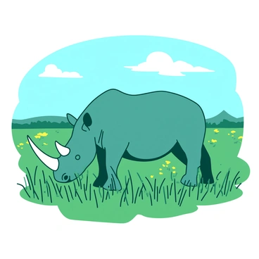 A teal rhinoceros is grazing calmly on a vibrant green grassy plain. The rhino has a large horn and is partially obscured by tall blades of grass swaying gently in the breeze. In the background, there are patches of yellow wildflowers dotting the landscape under a clear blue sky. A few fluffy white clouds drift lazily overhead, completing the serene scene.