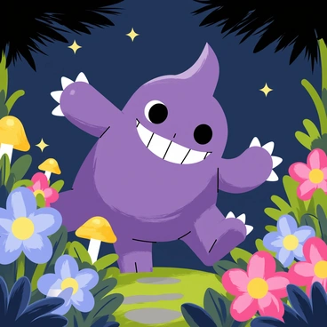 A purple Gengar with a mischievous grin is exploring a magical garden. The garden is filled with a variety of luminescent flowers in vibrant colors such as glowing blue, pink, and yellow. The flowers are of different shapes, some with large petals and others with delicate, spiraled forms. Soft, sparkling lights float gently in the air around Gengar, adding a whimsical touch to the scene. Lush green foliage surrounds the flowers, creating a rich contrast against the bright colors. In the background, there are softly glowing mushrooms and a winding path that leads deeper into the garden.