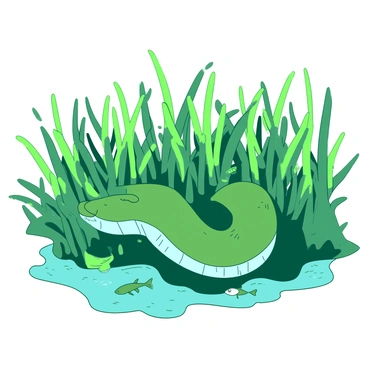 A green moray eel with smooth skin is partially hidden among a thick, waving bed of seagrass. The seagrass is lush and vibrant, swaying gently in the water. The eel's head is visible, peeking out with its mouth slightly open, showing sharp teeth. Sunlight filters through the water, casting a dappled effect on the seagrass and the eel's body. Small fish dart around the seagrass, adding movement to the scene.