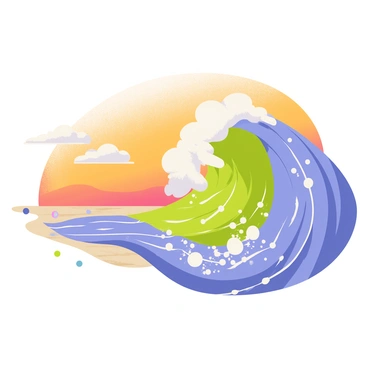 A large wave with vibrant shades of blue, green, and purple curls dramatically as it crashes onto a sandy shore. The shoreline is illustrated with smooth, soft curves, dotted with multicolored pebbles and shells. The foam from the wave splashes outwards, creating a mist that sparkles in the sunlight. The sky above is painted in warm hues of orange and pink, indicating a setting sun, while fluffy white clouds float lazily. The entire scene captures a dynamic sense of movement and energy.