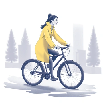 A woman riding a bicycle on a rainy day. She is wearing a "bright yellow raincoat" that is fully zipped up, providing protection from the rain. The bike has a sleek design, with thin tires and a comfortable seat. Raindrops are visible as they fall, creating ripples in puddles on the ground. The woman has her hair pulled back into a ponytail, and she is focused on the path ahead. The background features blurred outlines of trees and buildings, giving a sense of movement and the atmosphere of a rainy day.