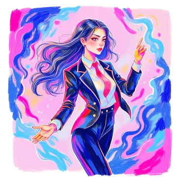 A woman with long, straight black hair is striking a dynamic pose. She is wearing a fitted black suit with a white shirt and a red tie. Her expression is focused and intense. Surrounding her are vibrant swirls of energy in shades of blue and purple, creating a sense of movement and dynamism. The background is a blend of colors that complement the energy swirls, emphasizing her powerful presence. Her right hand is extended outward, as if she is channeling the energy around her.