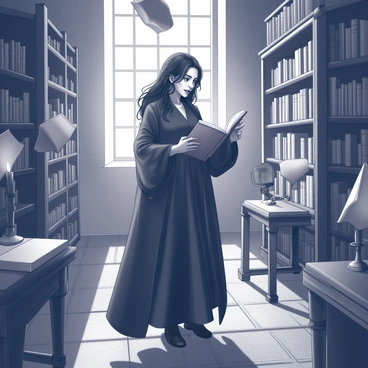 A woman with long, dark hair and a wild expression stands amidst towering shelves in a dimly lit library. She is dressed in a flowing, black robe that drapes around her. The room is filled with the presence of floating books, hovering at various heights and angles, their pages flipping as if caught in an unseen breeze. Shadows cast by candlelight dance across the stone walls, enhancing the eerie atmosphere. Bellatrix looks intently at a particular book, her hand reaching out as if to grasp it. The library is adorned with ornate wooden furniture and cobwebs, evoking a sense of ancient and forgotten knowledge.