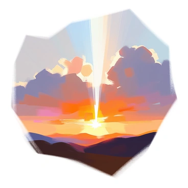 A dramatic scene featuring a single beam of light piercing through dense clouds at dawn. The sky is painted in soft hues of orange, pink, and pale blue, creating a gradual transition from night to day. The clouds are fluffy and layered, with some darker ones gently illuminated by the sunlight. The beam of light stretches down from the clouds, casting a bright, warm glow onto the horizon below, where silhouettes of distant hills can be seen.