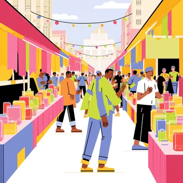 A lively marketplace bustling with activity. Colorful stalls line the streets, each vendor showcasing vibrant fabrics draping from their tables. Jars filled with various spices in rich reds, yellows, and greens are prominently displayed, emitting a fragrant aroma. Shiny trinkets glint in the sunlight, attracting the attention of passersby. A diverse crowd of shoppers weaves through the stalls, some examining the goods while others engage in animated conversations. The scene is filled with a sense of excitement and variety, creating a dynamic atmosphere.