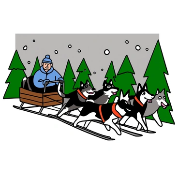 A team of six Siberian Huskies with thick, fluffy fur in shades of black, gray, and white, energetically pulling a sled through a snowy forest. The dogs are wearing bright red harnesses and have their tongues out, showcasing their excitement. Pine trees covered in snow surround the scene, with snowflakes gently falling from a soft gray sky. The sled is wooden with metal runners, and there is a driver, a person dressed in a warm blue jacket and black pants holding onto the sled's handles, looking ahead with determination.
