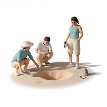 A group of three scholars is focused on carefully digging for artifacts at an archaeological site. The first scholar, a woman wearing a wide-brimmed hat, a light blue shirt, and khaki shorts, is kneeling beside a small excavation pit, gently brushing away dirt with a soft brush. The second scholar, a man dressed in a white t-shirt and beige cargo pants, is standing nearby, examining a piece of pottery that he has just uncovered, holding it delicately in his hands. The third scholar, a woman in a green tank top and sun-protective sleeves, is taking notes on a clipboard while looking at the excavation site. The sun is shining brightly, casting distinct shadows and highlighting the dusty ground and scattered tools around them.