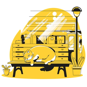 A cat with a soft fur coat resting peacefully on a wooden bench at a railway station. The cat has a relaxed posture, with its paws tucked under its body and its eyes closed. A warm sunbeam filters through the station's structure, casting soft light across the cat. Behind the bench, there are several vintage suitcases stacked haphazardly, and a small potted plant sits nearby. The platform shows a glimpse of a train approaching in the distance, adding a sense of motion to the scene.