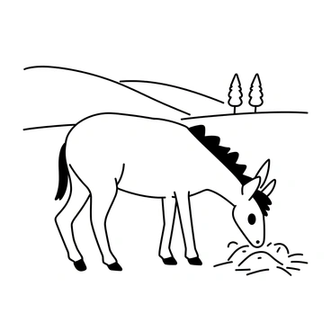 A donkey eating from a pile of hay in a sunny open field