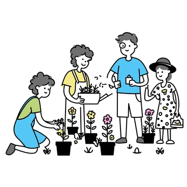 A group of three neighbors working together in a community garden. One neighbor, a woman with curly hair, is kneeling in the soil, planting colorful flowers. She is wearing a green shirt and denim overalls. Another neighbor, a man with short hair, is standing beside her, holding a basket filled with freshly picked vegetables. He is dressed in a blue t-shirt and cargo shorts. The third neighbor, an older woman with glasses, is watering the plants with a watering can, wearing a wide-brimmed hat and a floral dress. The scene is filled with various plants and flowers, with garden tools scattered around.