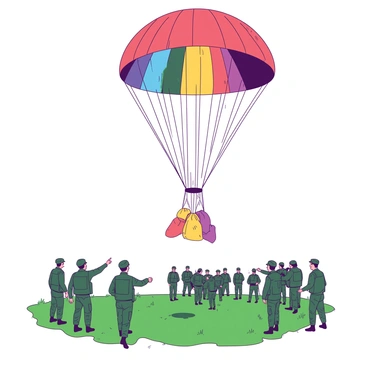 A large parachute is descending from the sky, its canopy fully opened and filled with vibrant colors. Below, supplies are being released, falling gracefully towards a green field. Surrounding the field, a group of soldiers in camouflage uniforms is gathered, attentively watching the supplies as they drop. Some troops are pointing at the parachute, while others are preparing to move towards the landing area. The scene conveys a sense of urgency and coordination in a military operation.