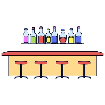 An empty cocktail bar featuring a polished wooden counter that reflects the light subtly. Behind the counter is a colorful array of bottles in glass, each containing different vibrant liquids. The bottles are neatly arranged on a shelf, showcasing a spectrum of colors including deep reds, bright greens, and bold blues. The bar area has a minimalist design, with simple stools positioned in front of the counter, inviting a future gathering. The overall ambiance suggests a welcoming space, ready for patrons to enjoy their drinks.