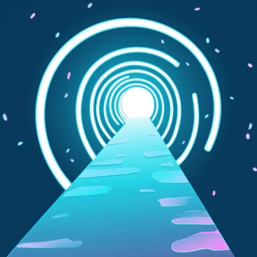 A long tunnel that appears to stretch infinitely into the distance. The walls of the tunnel are a mix of bright light and deep shadows, creating a striking contrast. The light emanates from the end of the tunnel, illuminating a swirling pattern on the walls. Shadows twist and turn along the sides, adding depth to the scene. The floor of the tunnel is textured and uneven, with patches of light shimmering off surfaces. The overall atmosphere evokes a sense of mystery and exploration.