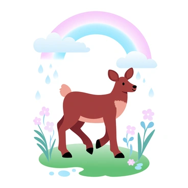 A caribou is standing in a lush green meadow after a rainstorm. The ground is glistening with droplets of water, and small puddles are scattered around. Above the caribou, a vibrant rainbow stretches across the sky, arching gracefully from one side to the other. The clouds are a mix of soft white and pale gray, indicating the recent rainfall, while the sun is breaking through, casting gentle light across the scene. Around the caribou, wildflowers are blooming, adding splashes of color to the landscape.