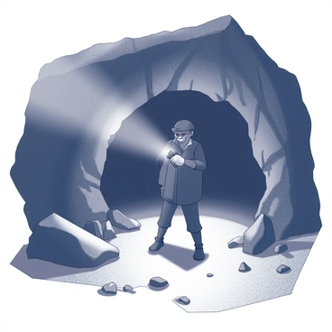 A figure stands at the entrance of a dark cave. The figure is silhouetted against the cave's opening, with the flashlight held in one hand, casting an uneven beam of light. The light illuminates the rocky texture of the cave entrance and reveals patches of shadow nearby. The figure’s expression is tense, reflecting a mix of curiosity and apprehension. The surrounding area is rugged, with scattered stones and uneven terrain leading into the darkness of the cave.