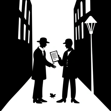 Two silhouetted figures standing close together in a shadowy alley, exchanging documents. One figure is wearing a trench coat and a fedora, while the other has an overcoat and a scarf wrapped around their neck. The background features a cityscape with tall buildings, hinting at a nighttime setting. There is a faint mist that enhances the mysterious atmosphere, with a streetlamp casting a dim light nearby, illuminating a few scattered leaves on the ground.