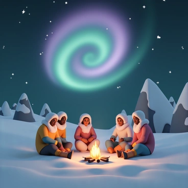 A group of nomads sits around a small, crackling campfire at their campsite, surrounded by snow-covered ground and a rugged landscape. They are bundled in warm, colorful clothing, with fur-lined hoods and blankets wrapped around them. Their faces are illuminated by the warm glow of the fire. Above them, the northern lights swirl in vibrant hues of green, purple, and blue, casting a magical glow over the scene. The night sky is clear, dotted with stars, while the awe on the nomads' faces reflects their wonder at the breathtaking display above.