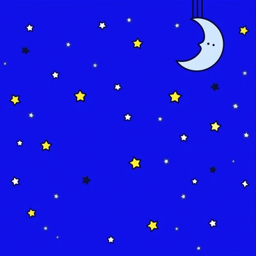 A night sky filled with numerous bright stars of varying sizes. The stars twinkle against a deep blue background, creating a sense of depth. A crescent moon hangs in the corner, casting a soft glow. The overall composition conveys a vast and expansive feeling, emphasized by the scattered constellations that form recognizable shapes.