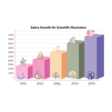 A digital flat illustration of a bar chart displaying salary growth for scientific illustrators over several years. The x-axis is labeled with years, while the y-axis is labeled with salary amounts, shown in a clear, readable font. Each bar represents a different year, and is filled with vibrant colors, with the tallest bar indicating the highest salary. Additionally, small icons of scientific illustrations, such as plants, animals, and cells, are positioned at the base of each bar for added context. There are grid lines guiding the viewer's eye across the chart, and a title "Salary Growth for Scientific Illustrators" is prominently displayed at the top.