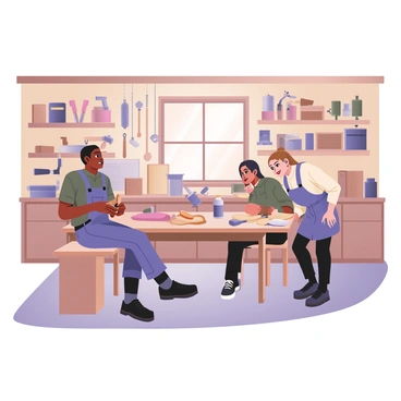 A workshop filled with various tools and ongoing projects. In the center, two craftsmen are taking a lunch break. The first craftsman is a man with dark skin and short black hair, wearing a blue work shirt and denim overalls. He is sitting on a wooden bench with a sandwich in hand. The second craftsman is a woman with light skin and long brown hair tied back; she is leaning against a worktable, holding a bottle of water. The walls of the workshop are lined with shelves filled with tools such as hammers, saws, and screwdrivers. There are unfinished wood projects scattered around, including a partially assembled chair and a wooden box. Sunlight streams through a window, casting soft shadows on the tools and projects.