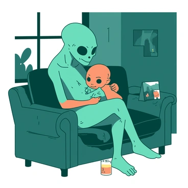 A teal ghoul parent is sitting on a worn-out couch in a dimly lit apartment. The parent has soft features, with delicate bone structure and gentle eyes, and is cradling a small orange ghoul child in their arms. The child has wide, curious eyes and is snuggling closely against the parent's chest. In the background, there is a small window with a faint glow of light filtering through, casting shadows around the room. The walls are adorned with faded family pictures, and a small table beside the couch holds a half-empty glass of orange juice. The intimate atmosphere emphasizes the bond between the parent and child.