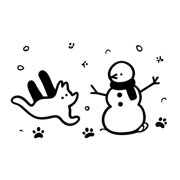 A tom kitten with fluffy fur is playing in the snow, with its body poised mid-pounce. Tiny paw prints are scattered around the area, leading towards a small snowman adorned with sticks for arms and a scarf. The snowman stands upright, with lumps of snow forming its head and body, creating a joyful winter scene. Snowflakes are gently falling around the kitten and the snowman, adding to the ambiance of a snowy day.