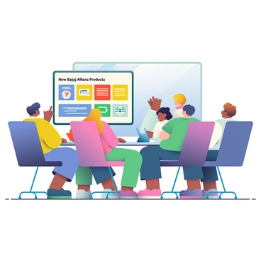 Several employees are seated in a modern conference room during a training session. They are engaged and attentive as they learn about "new Bajaj Allianz products." A large presentation screen at the front displays colorful slides highlighting various product features. Each employee has a notepad and pen in front of them, ready to take notes. The room is well-lit, with a large window allowing natural light to fill the space. The employees represent a diverse group, featuring individuals with different skin tones and hairstyles. Some employees are raising their hands to ask questions, while others are discussing among themselves.