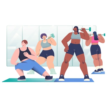 An illustration depicts various variations of hip thrust exercises to cater to diverse fitness levels. In the foreground, a beginner is performing a basic hip thrust on a yoga mat, using only their body weight. They are a light-skinned individual with short brown hair, wearing a black tank top and blue leggings. Next to them, a person with medium skin and curly black hair is using a light barbell for added resistance, demonstrating an intermediate level of the hip thrust. They are dressed in a gray sports bra and black shorts. Further back, an advanced athlete with dark skin and long braided hair is executing a weighted hip thrust with a heavy barbell, wearing a red crop top and black capri pants. The background shows a fitness studio with mirrors and exercise equipment, creating a focused workout environment.
