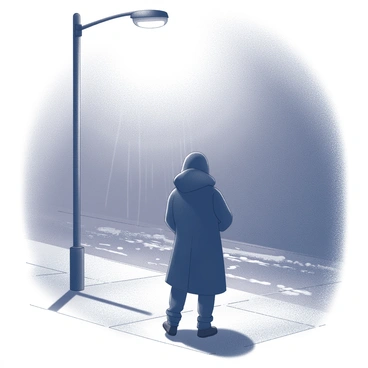 A shadowy figure stands under a streetlight, partially illuminated. The figure is dressed in a long coat, which billows slightly in the breeze. The streetlight flickers above, casting an intermittent glow around the figure. A light drizzle falls, creating small ripples on the wet pavement. The surrounding area appears dim, with soft reflections of the light shimmering on the ground. The atmosphere suggests a sense of mystery and anticipation.