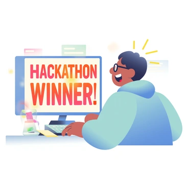A programmer with short black hair and glasses is sitting at a desk, looking excitedly at a computer screen. The screen displays a large trophy icon with the text “Hackathon Winner!” in bright, bold letters. The programmer is wearing a light blue hoodie and has a wide smile on their face, showing their enthusiasm. On the desk, there are several sticky notes scattered around, and a can of energy drink is placed next to the keyboard. The background has a colorful series of lights, creating an energetic atmosphere.