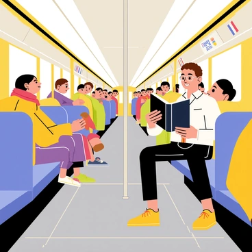 A man with short brown hair, wearing glasses, is seated on a bus seat in a crowded metro car. He holds a book with a dark blue cover in his hands, deeply focused on the pages. The metro car is filled with diverse passengers, including a woman with a red scarf and a child playing with a toy. The walls of the metro car are adorned with advertisements and the overhead lights cast a warm glow over the scene. The floor is tiled with gray squares, and a pole is visible in the center where some passengers are holding on.