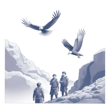 Two majestic eagles in flight are depicted soaring high above a rugged mountain pass. Their wings are fully extended, showcasing intricate feather details as they glide gracefully through the air. Below them, a rocky terrain with steep cliffs and scattered boulders stretches across the landscape. In the foreground, a group of allies, dressed in rugged attire, looks up with expressions of hope and determination as the eagles approach. The scene captures a sense of action and urgency as the eagles prepare to swoop down to assist their companions.