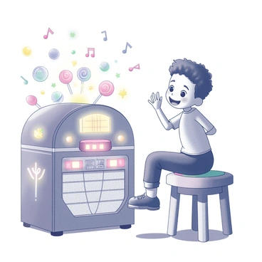 A young boy with a round face and a wide smile is sitting on a colorful stool. He appears excited and is tapping his feet to the rhythm of the music. In front of him is a magical jukebox that has intricate designs of candies and sweets adorning its surface. The jukebox has glowing buttons, and colorful musical notes seem to float in the air around it, indicating the lively tunes being played. The setting is filled with candy-themed decorations, including lollipops and gumdrops, creating a whimsical atmosphere. Augustus Gloop is dressed in a casual outfit, reflecting a playful, carefree demeanor as he enjoys the enchanting scene.