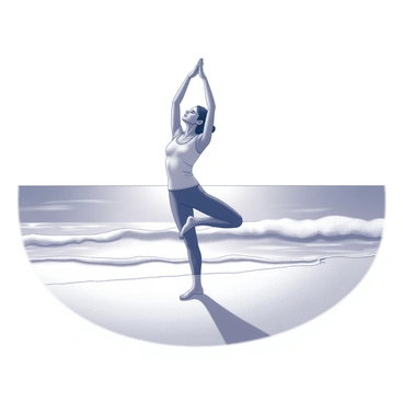 A person performing a yoga pose on a sandy beach. The individual is standing on one leg, with arms raised gracefully, reflecting a sense of balance and concentration. The background features gentle waves lapping at the shore, and the rising sun casts a soft glow over the scene. The horizon line separates the ocean from the sky, while the person appears to be in a meditative state, embodying a moment of tranquility and focus in their practice.