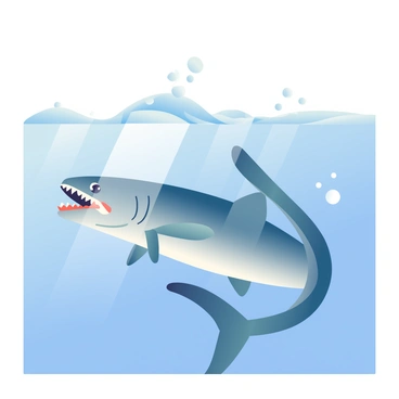 A barracuda with sleek, elongated silver-blue body is swimming near the water's surface. Its sharp teeth are visible as it opens its mouth slightly. The water is a clear blue, shimmering gently in the sunlight. Below the surface, the barracuda's reflection can be seen, distorted by the rippling waves. Small bubbles are rising around it, creating a dynamic feel to the scene. The sunlight casts bright spots on the water, highlighting the barracuda's scales.