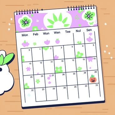 A calendar page is displayed on a wooden table. The page features vibrant seasonal illustrations, including blooming flowers in the spring section, a bright sun in the summer portion, colorful falling leaves in autumn, and snowflakes in the winter part. Each month is clearly labeled, and important dates are marked with small symbols. For example, a small heart symbol indicates Valentine's Day in February, and a small pumpkin represents Halloween in October. The overall layout is organized and easy to read.