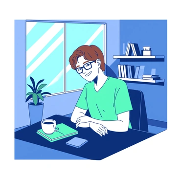 A young psychologist smiling and seated at a desk in a modern office