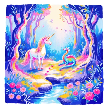 A magical forest filled with tall, ancient trees that have twisting trunks and vibrant green leaves. Sunlight filters through the canopy, creating dappled patterns on the forest floor covered in soft moss and colorful flowers. Various mythical creatures are present in the scene. A unicorn with a shimmering white coat and a spiraled horn stands gracefully near a sparkling stream. Nearby, a vibrant blue dragon rests on a rock, its scales glistening in different shades of blue and green. In the distance, a fairy with delicate wings flits about, leaving a trail of shimmering dust. The atmosphere is alive with the sounds of nature and the presence of enchantment.