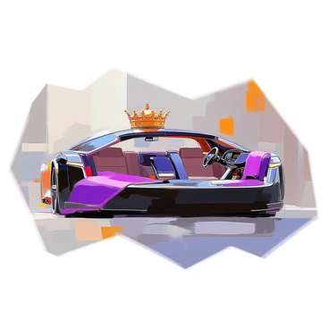 A luxury car featuring a sleek design with polished chrome accents and an elegant silhouette. The exterior is painted in a deep, glossy black. On the roof of the car, there is a prominent golden crown, symbolizing opulence. The interior showcases rich velvet fabric decorations in a royal purple hue, covering the seats and dashboard. The lavish velvet details add texture and softness to the car's luxurious ambiance. The overall composition emphasizes the grandeur and sophistication of the vehicle.