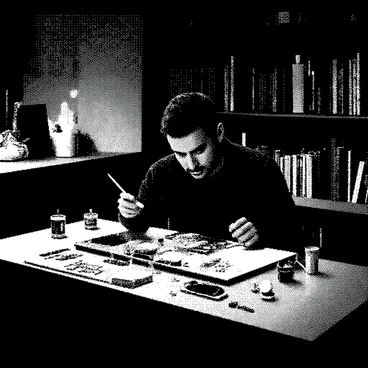 A thief is seated at a wooden table in a dimly lit workshop, intensely focused on his work. He has short black hair and is wearing a dark, slightly tattered shirt. Spread out on the table are various art supplies, including brushes, a palette, and tubes of paint. The thief is holding a brush, applying paint meticulously to a canvas that displays a detailed, intricate reproduction of a famous painting. Shadows flicker across the room, highlighting the solitary nature of his task. The walls are lined with shelves filled with art books and scattered canvases. A small candle burns nearby, casting a warm light and accentuating the thief's concentration.